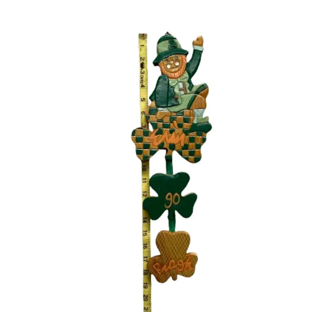 Vintage Handmade Leprechaun &‎ Clover Erin Go Bragh Wooden Sculpture Folk Art